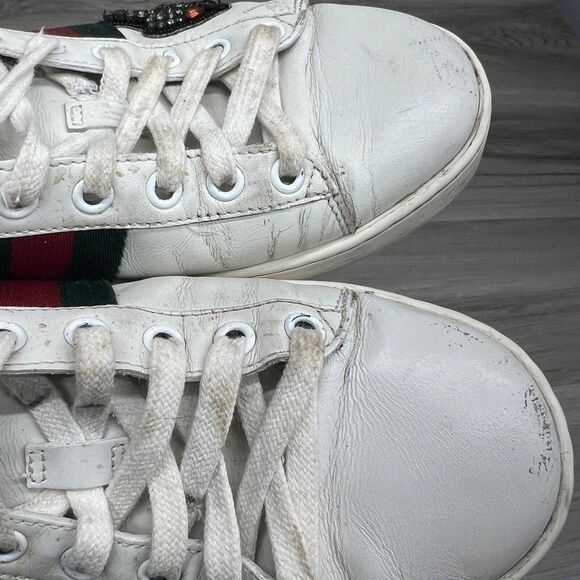 Gucci Ace Sneakers Women's Sz 37.5 Embroidered Arrow White Leather Crystal Shoe - Picture 12 of 14